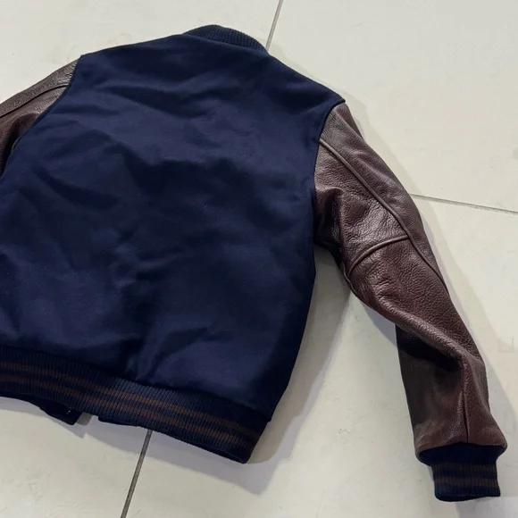 Dehen Varsity Jacket Navy with Brown Leather Sleeves Made in USA
